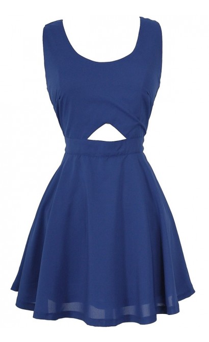 Cutout Fit and Flare Basket Weave Skater Dress in Blue